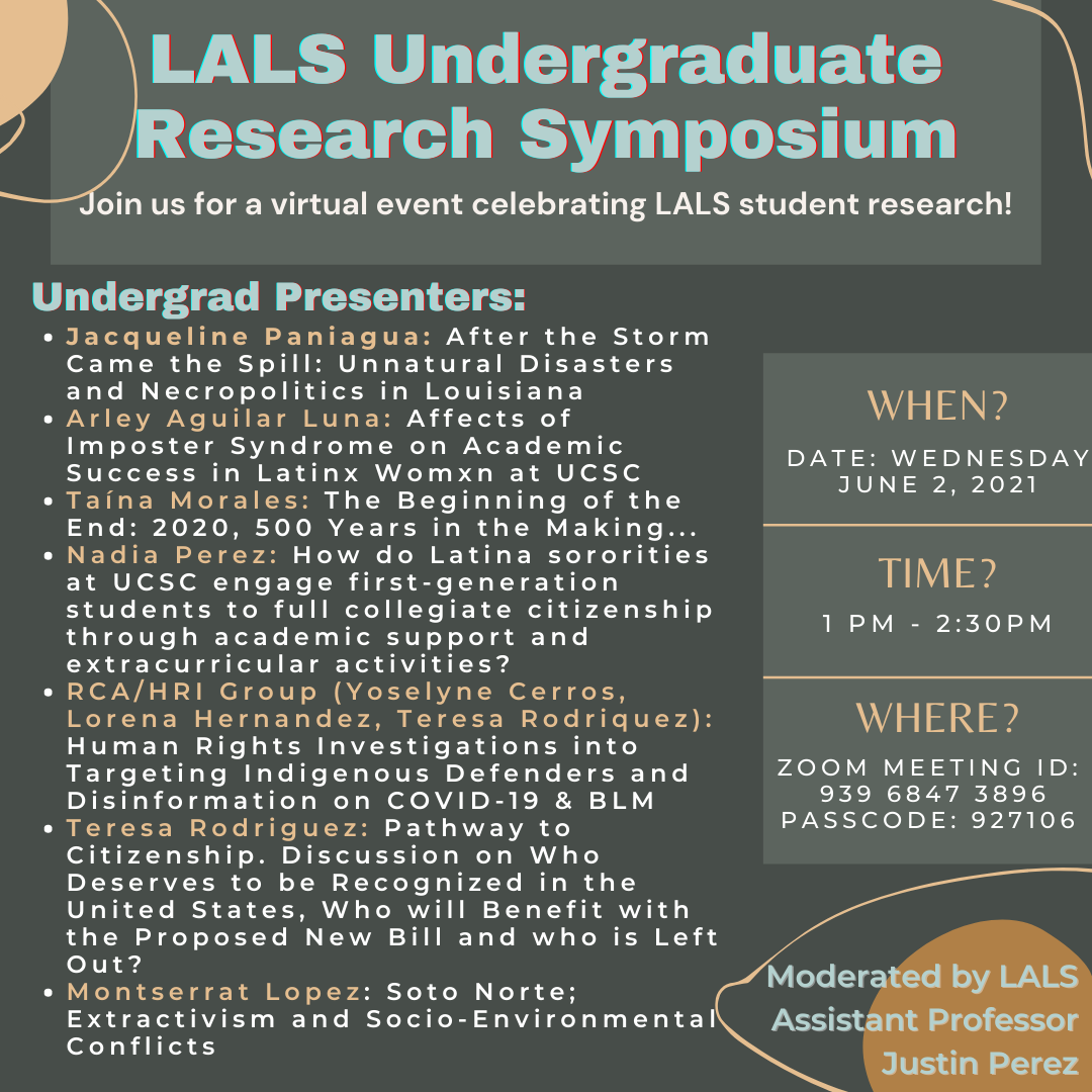 Advertisement for the LALS Undergraduate Research Symposium on June 2, 2021, at 1:00pm